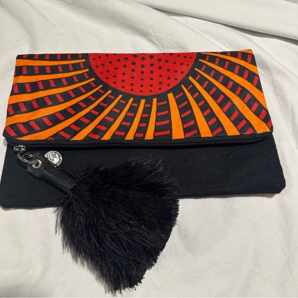 NEW Zipper Fold Over Red Clutch Bag with Feather Tassel-made in Zambia, Africa